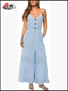 V-Neck Sleeveless Striped Jumpsuit with Ruffles and Pockets
